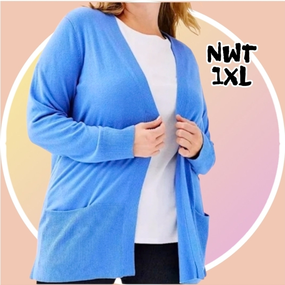 NWT 1XL Open Front Cardigan w 2 Pockets Lt Blue - Picture 2 of 11